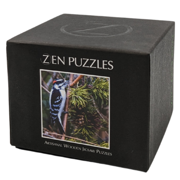 Zen Puzzles- Downy Woodpecker Puzzle Product Box