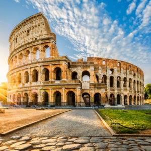 The Colosseum in the morning sun in Rome, Italy.